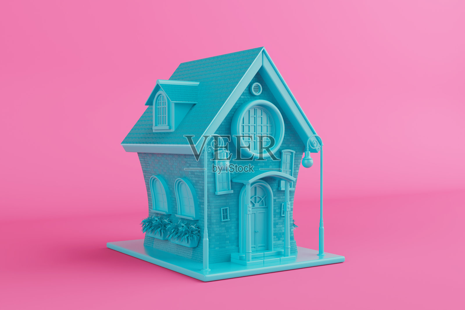 蓝色可爱卡通风格的砖房，双色调风格。3D渲染。照片摄影图片