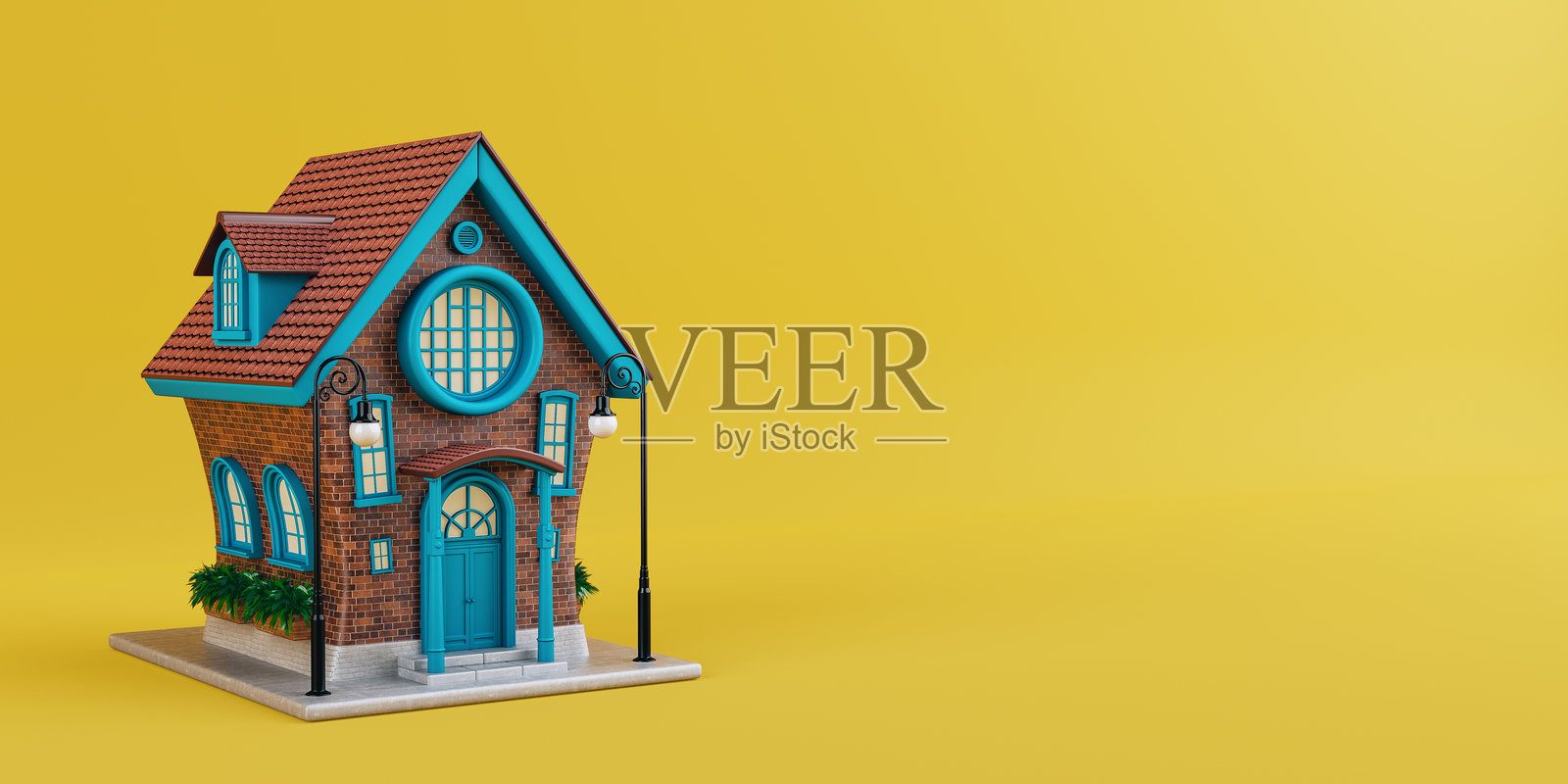 可爱的卡通风格红砖房屋。3D渲染照片摄影图片