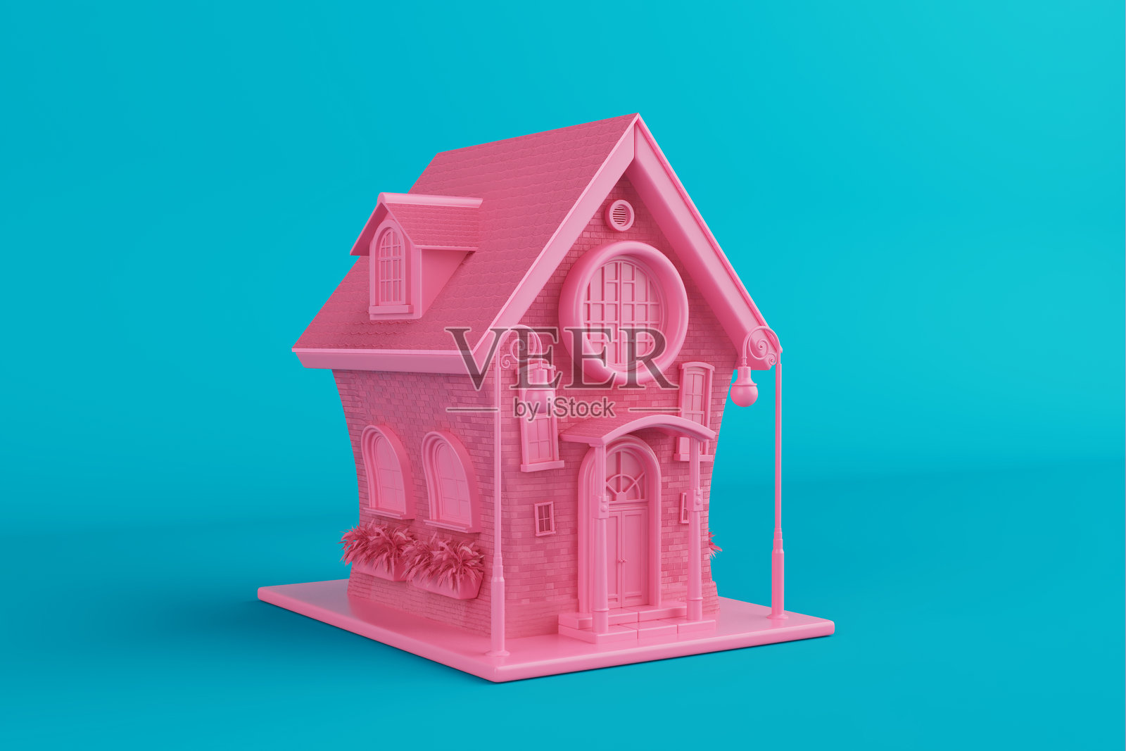 粉色可爱卡通风格的砖房，双色调风格。3D渲染照片摄影图片