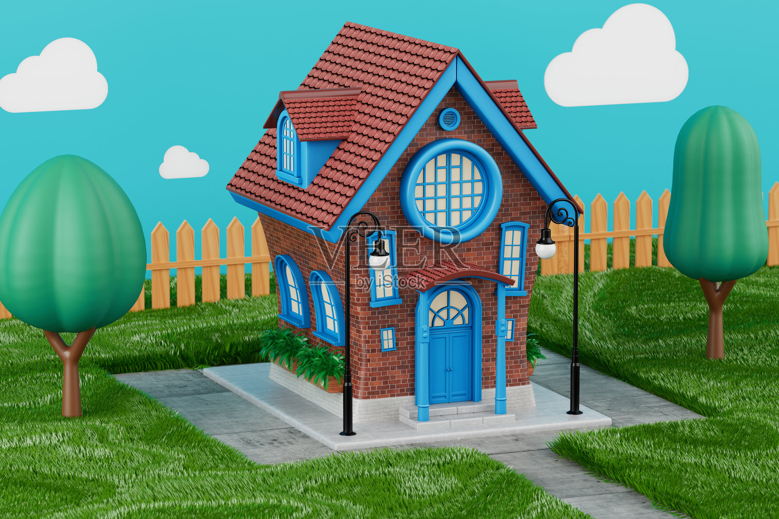 可爱的卡通风格红砖房子在绿色草坪花园中。3D渲染。照片摄影图片