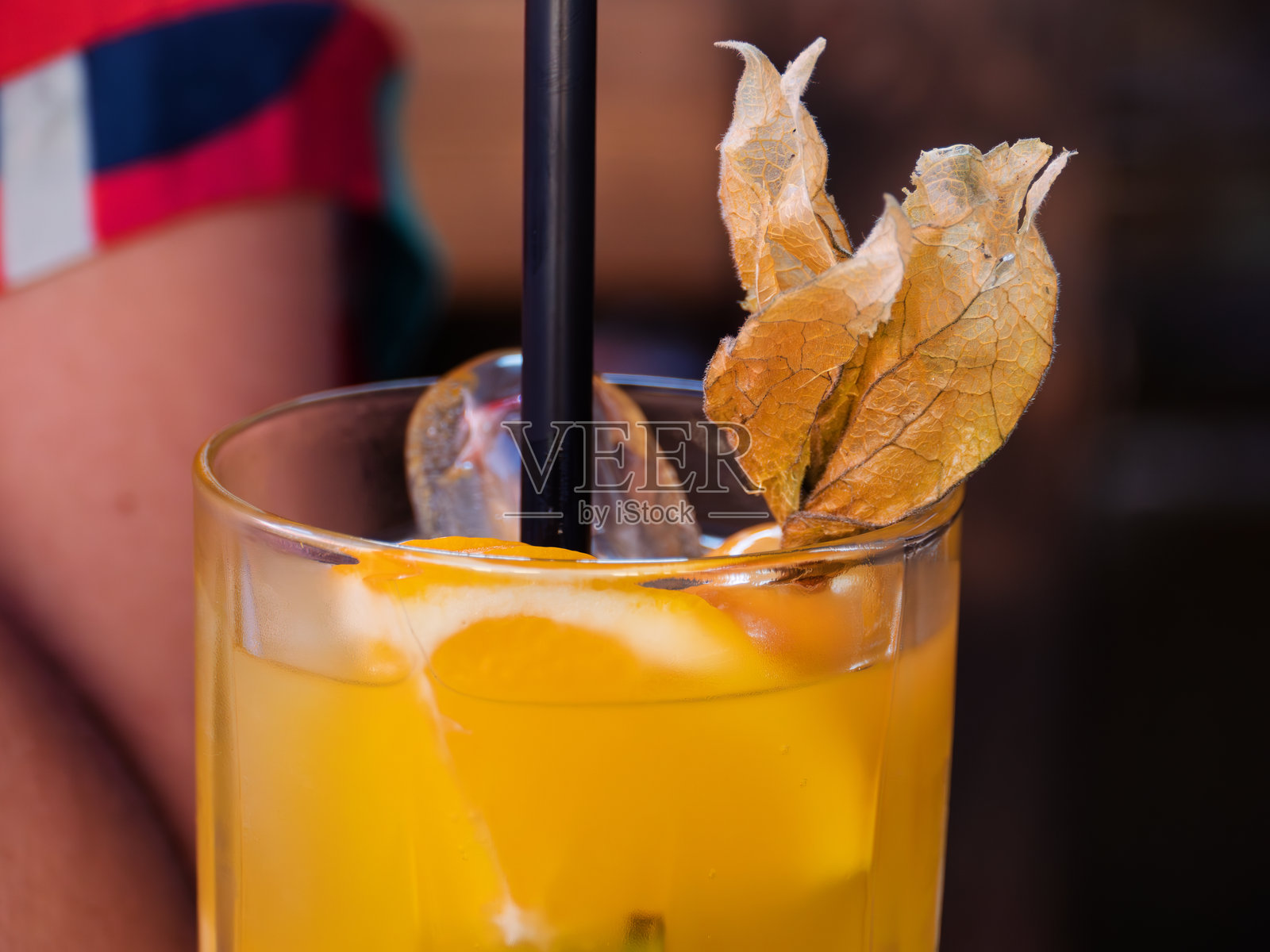 清新的柑橘鸡尾酒配干叶装饰照片摄影图片