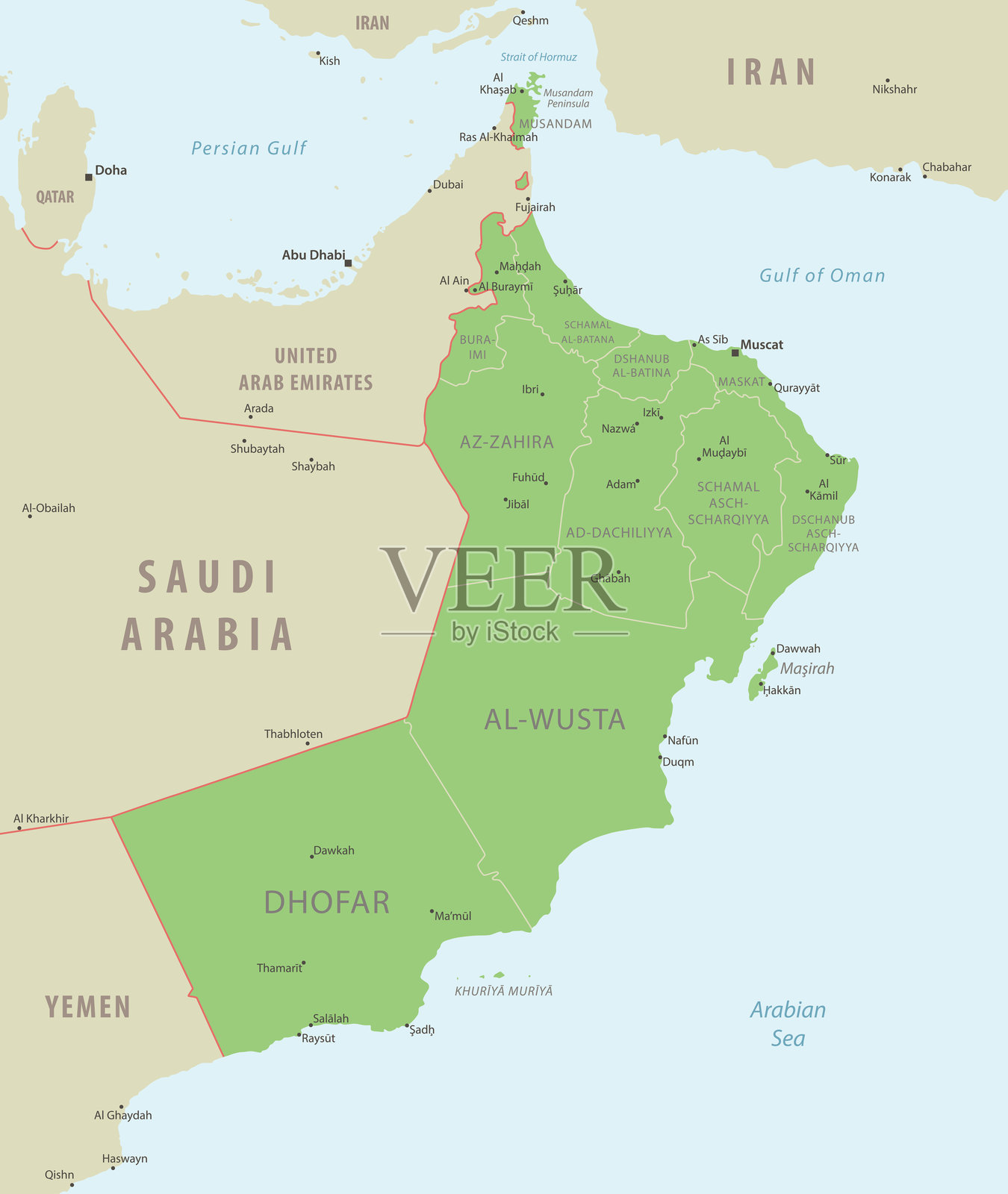 阿曼详细地图，包含该国的地区和城市。插画图片素材