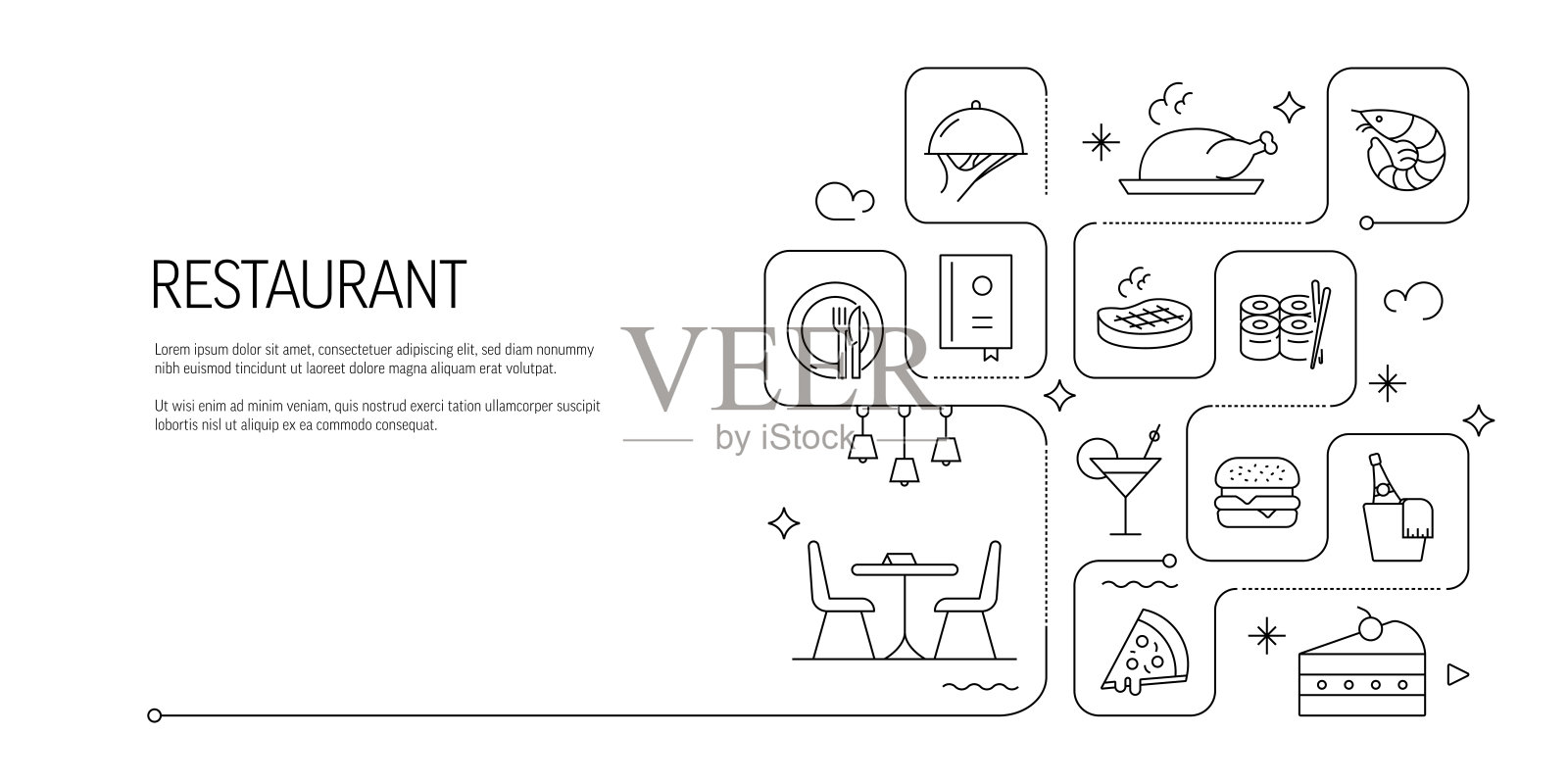 餐厅和食品线条图标集。厨师、菜单、上菜、酒吧、餐具。插画图片素材