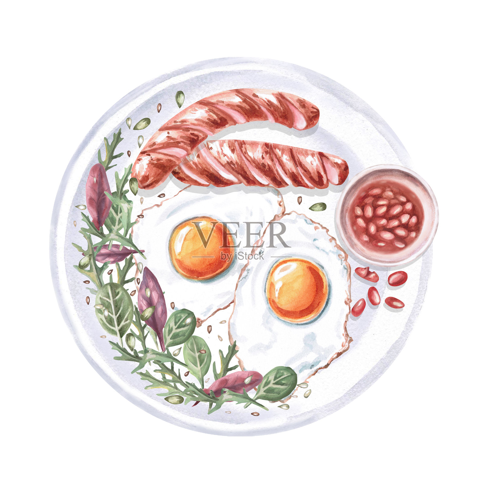 早餐盘 - 香肠、豆子、炒蛋、绿叶蔬菜。独立的水彩插图，适用于食谱设计、餐厅菜单、美食杂志和节日活动。插画图片素材