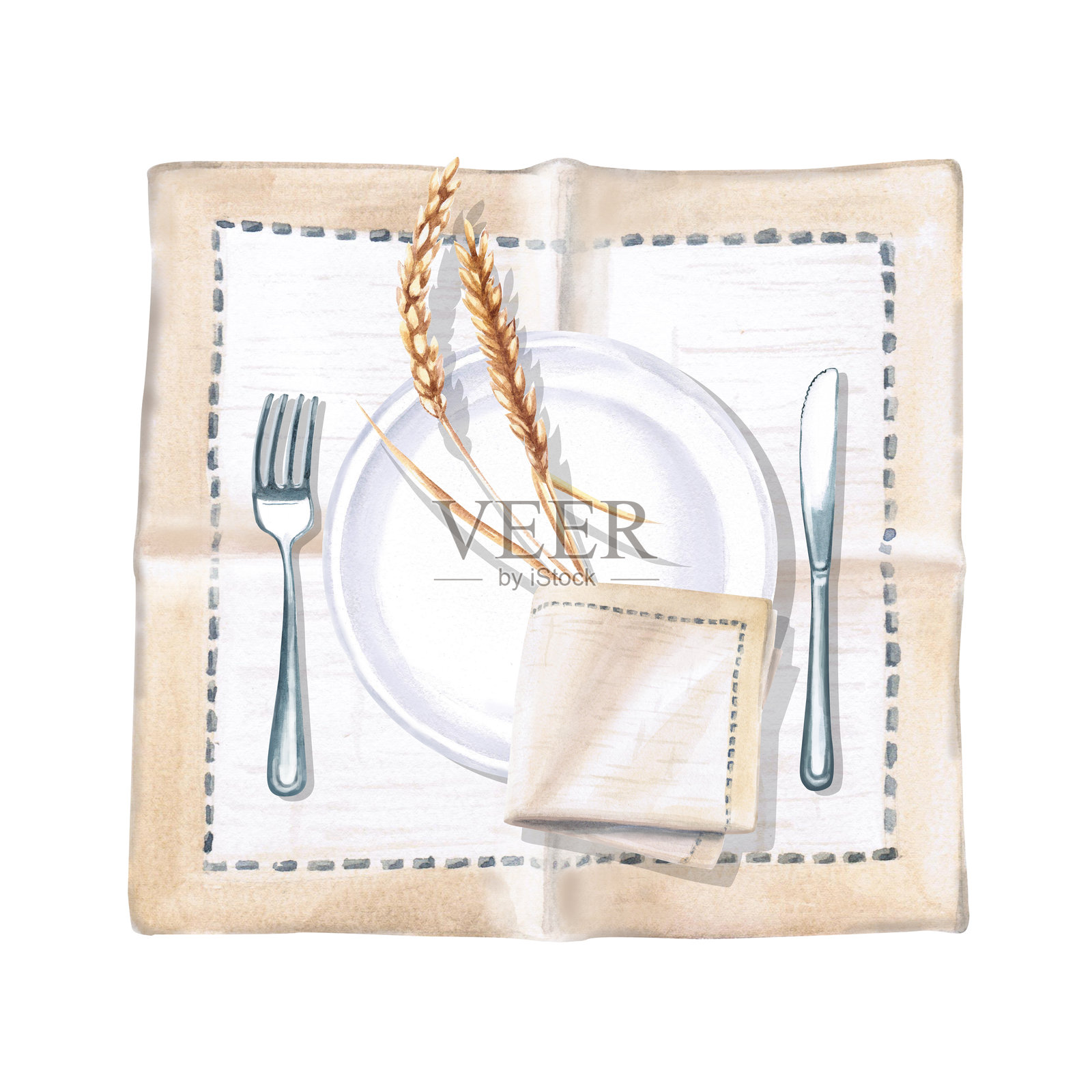 带折叠餐巾的餐具套装，盘子上放着麦穗。用于餐厅菜单设计、美食杂志、海报和节日宣传单的独立水彩插图。插画图片素材