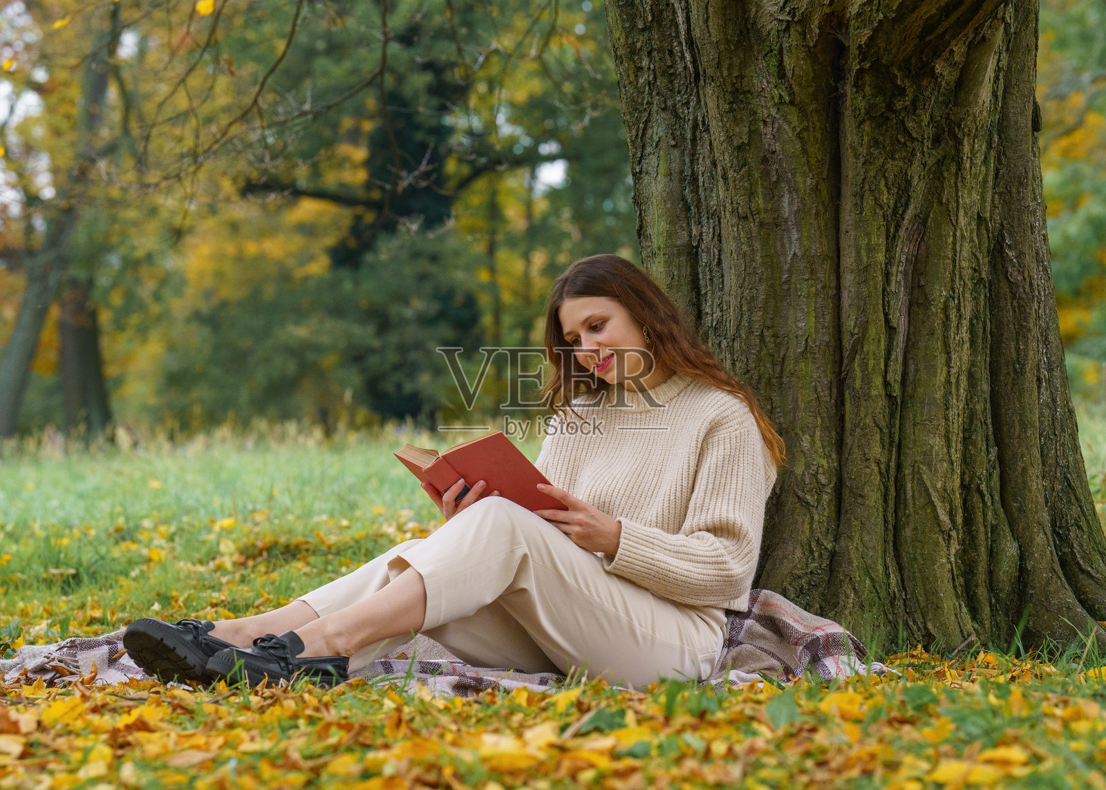 美丽的长发女性在阅读书籍。棕发女性坐在公园的秋天落叶上，靠近树木。秋季散步、休息、闲暇时间和周末的概念。照片摄影图片