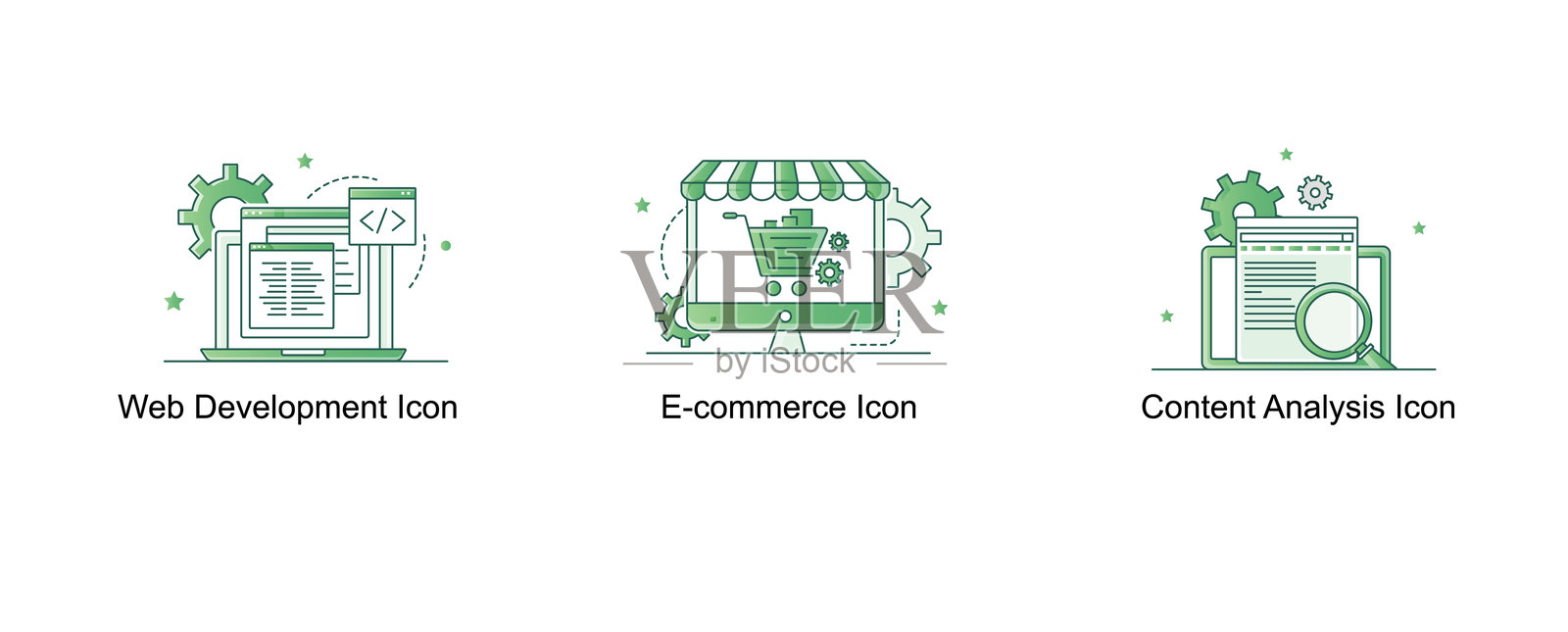 电子商务和内容工具。电子商务图标，内容分析图标，网页开发图标插画图片素材