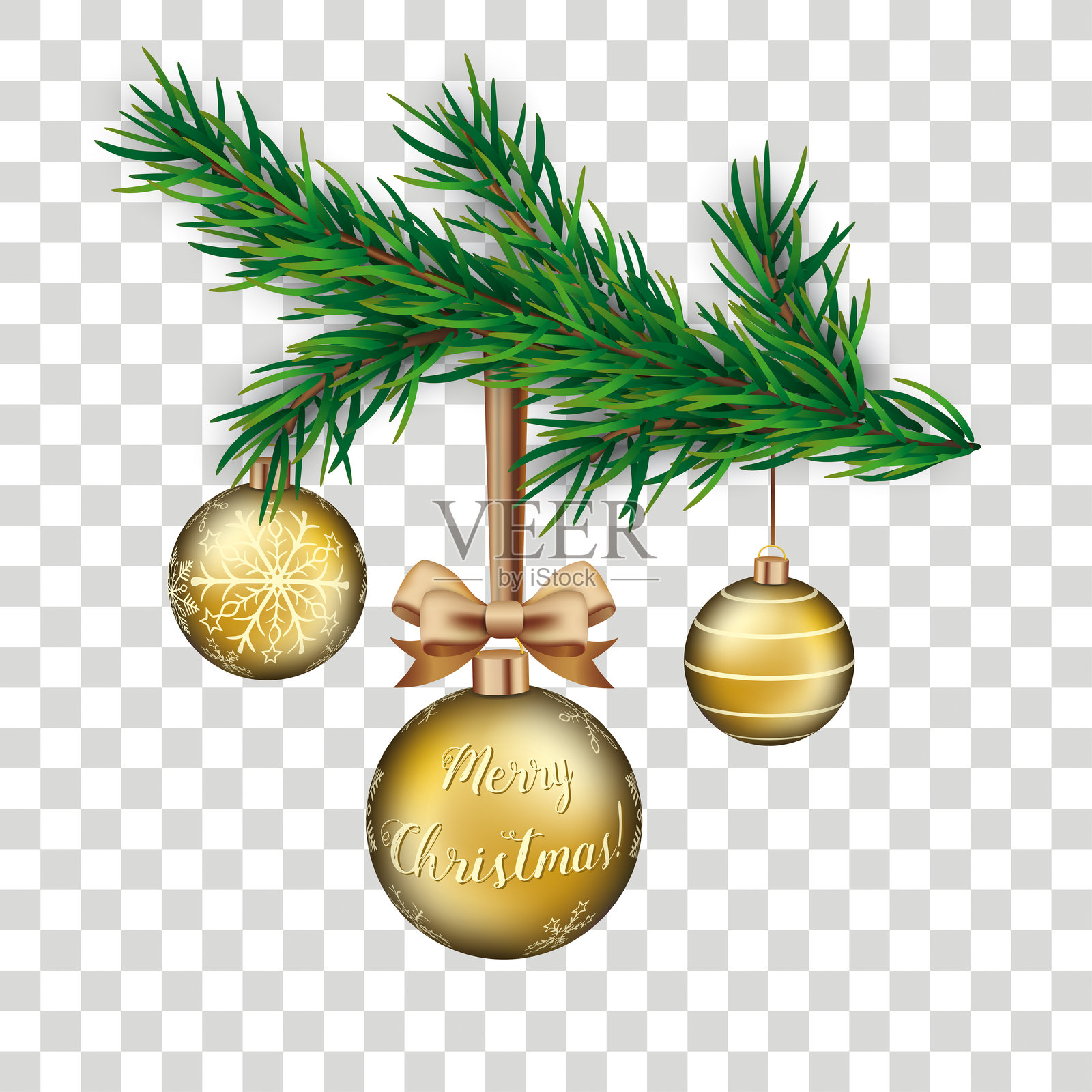 圣诞树枝上挂着金色装饰球和“圣诞快乐”字样。EPS 10 矢量文件。插画图片素材