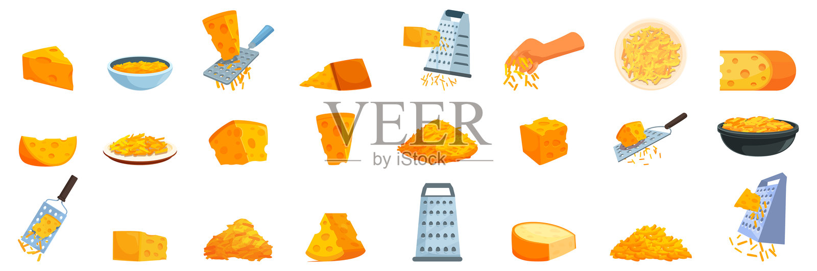 磨碎奶酪图标集 卡通矢量图。食谱菜单插画图片素材