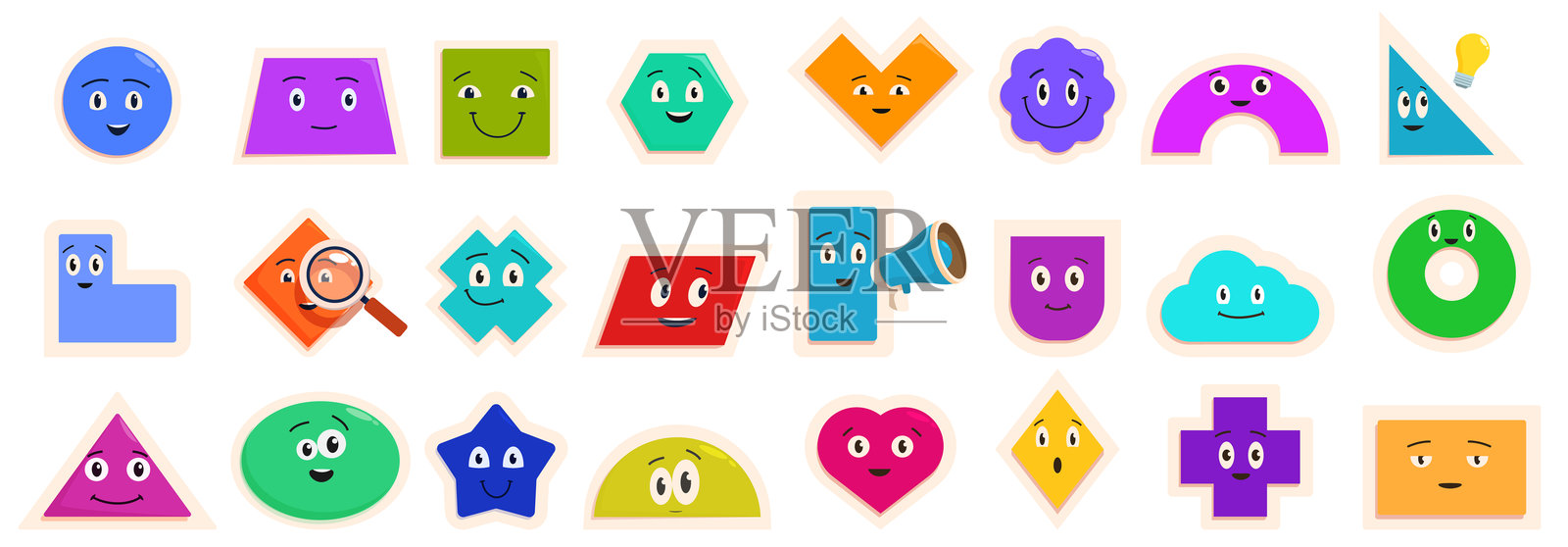 有趣的几何角色图标集卡通矢量。漫画生物插画图片素材