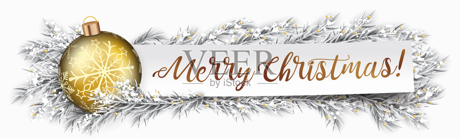 冰冻的树枝、金色的装饰球和带有“圣诞快乐”文字的纸贴。EPS 10 矢量文件。插画图片素材