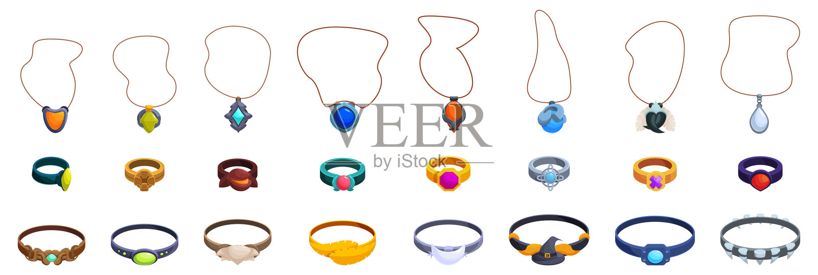 女巫珠宝矢量图。展示了一排项链和戒指的集合。插画图片素材