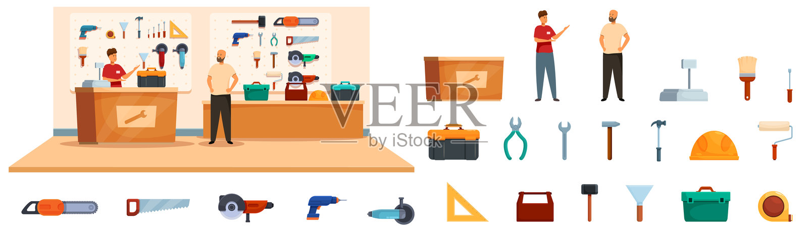 男人购买工具箱图标集卡通矢量。建筑修理插画图片素材