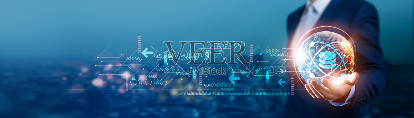 商人掌握全球数据科学，网络连接人工智能、机器学习和大数据分析。创新开发流程以优化决策。照片摄影图片