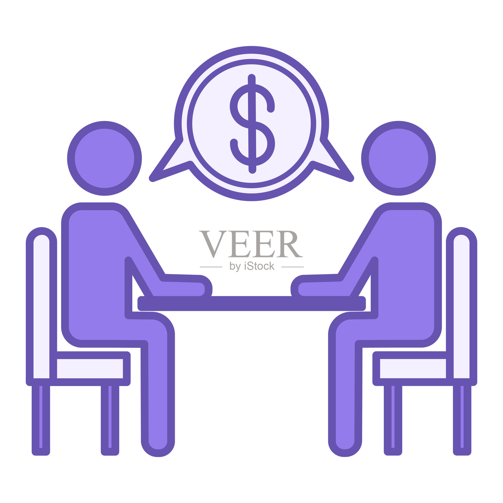 商务会议彩色图标。矢量图标。两个人坐在桌子旁讨论项目融资。美元符号。插画图片素材