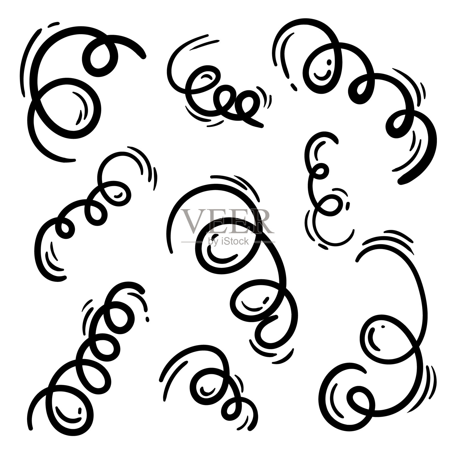 黑色螺旋、弹簧、圆形线条。简单的黑白矢量元素集合，抽象形状。可编辑的设计模板。插画图片素材