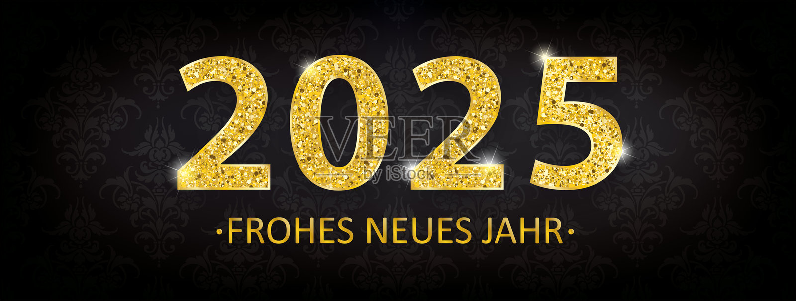 黑色背景上带有装饰的金色文字“2025新年快乐”标题。EPS 10 矢量文件。插画图片素材