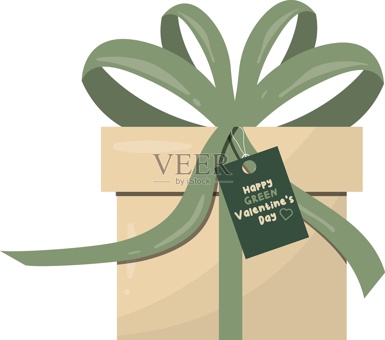带有绿色丝带和情人节标签的环保礼品盒，孤立在白色背景上。插画图片素材