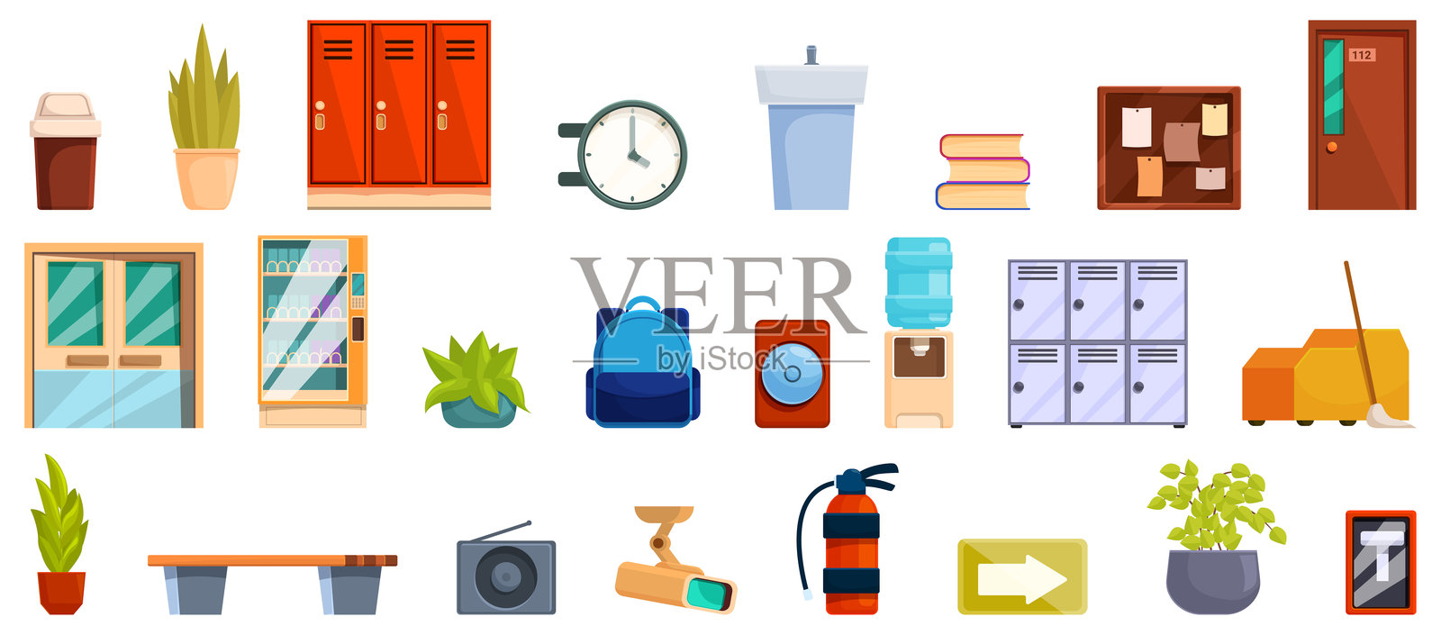 学校走廊图标集卡通矢量。警报铃插画图片素材