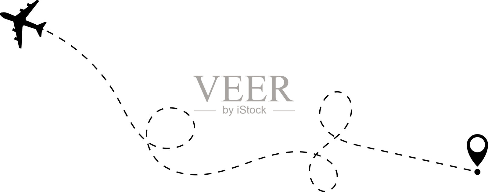 飞机航线路径矢量图标，显示飞机飞行路线的起点和虚线轨迹。热爱旅行的路线。飞机航线。旅行矢量图标。插画图片素材