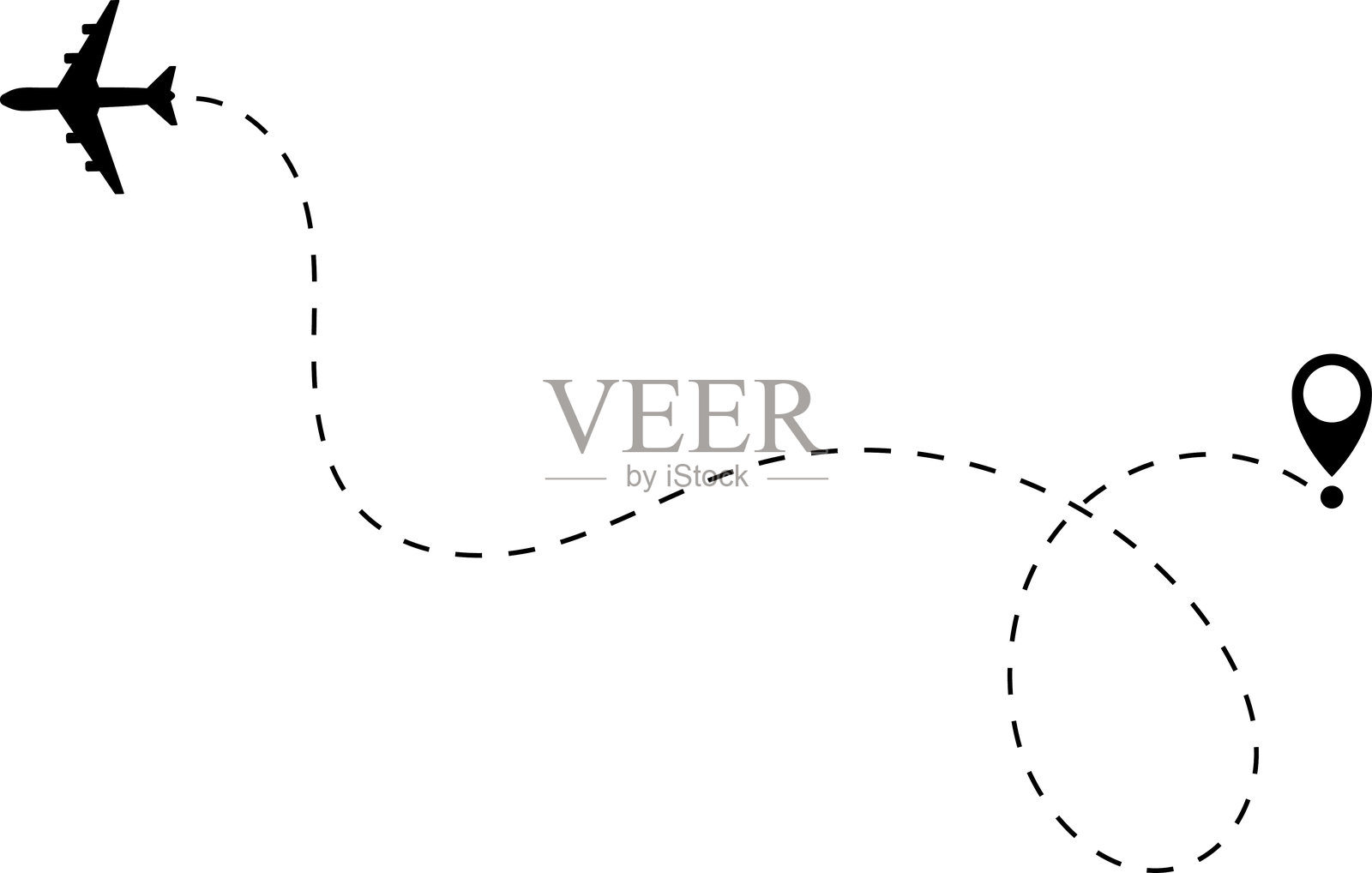 飞机航线路径矢量图标，显示飞机飞行路线的起点和虚线轨迹。热爱旅行的路线。飞机航线。旅行矢量图标。插画图片素材
