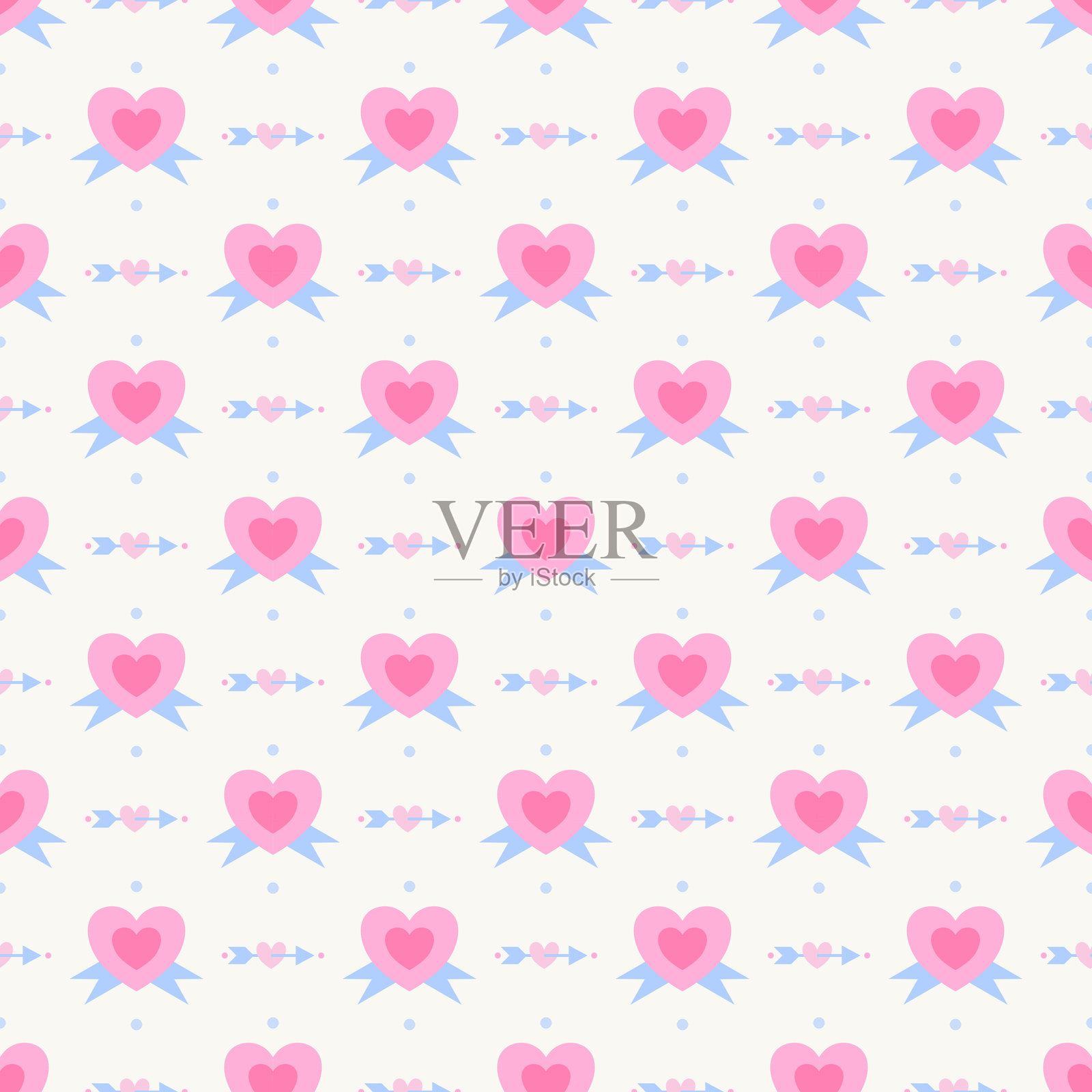 情人节丝带心形与丘比特箭，淡色背景。插画图片素材