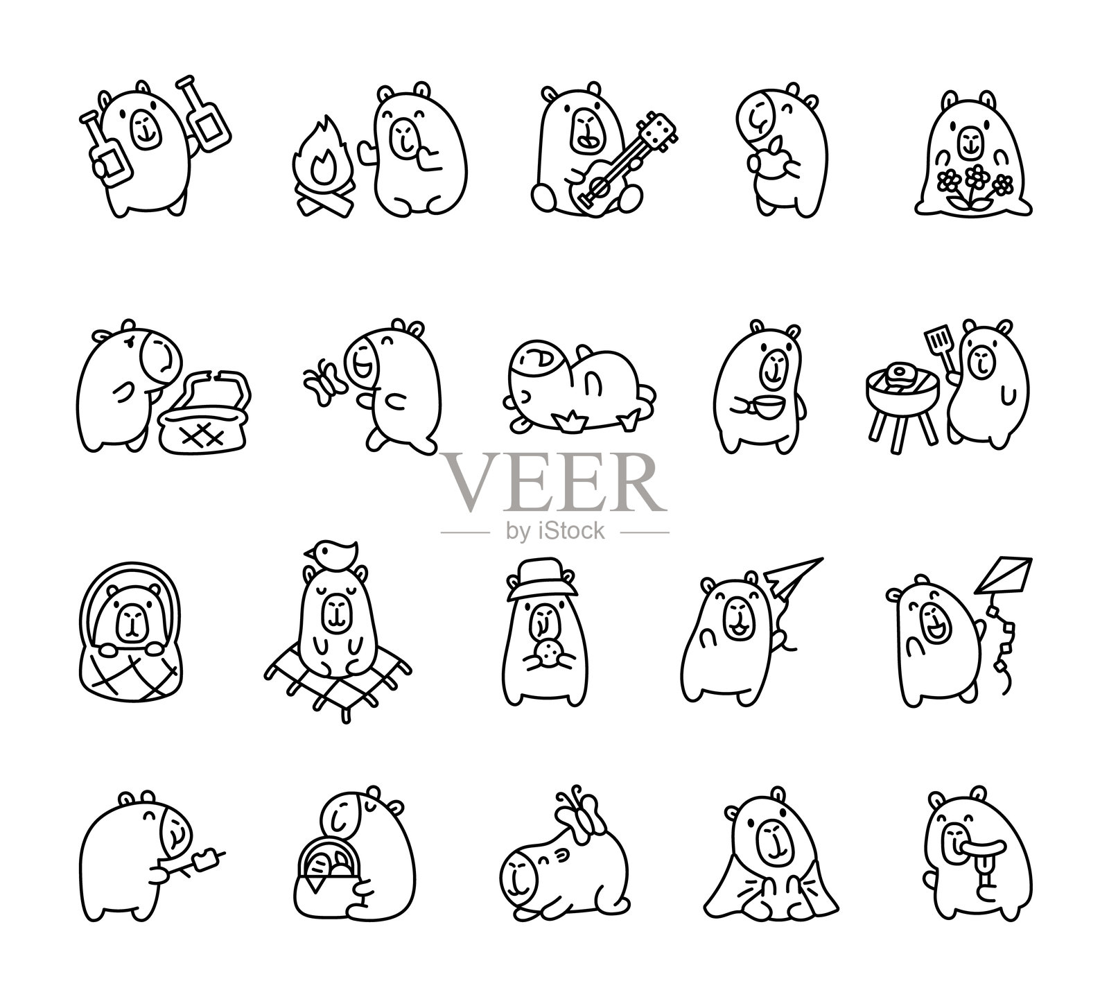 可爱的水豚野餐套装，包含露营、户外烹饪、放风筝、愉快的音乐、美味的小吃和放松的活动，采用可爱的卡通风格插图。插画图片素材