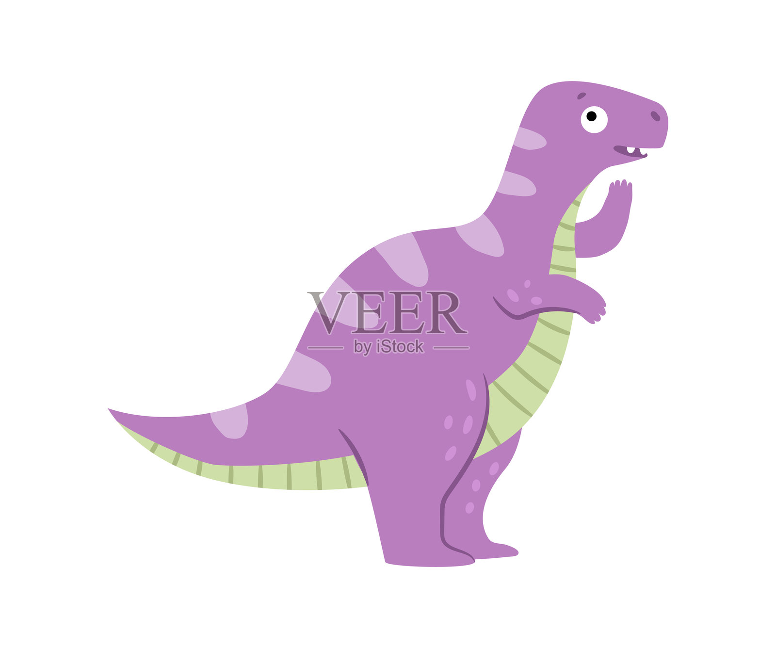 可爱的霸王龙角色，来自白垩纪的食肉动物，拥有小小的手臂。矢量图的史前动物，孤立的侏罗纪爬行动物，带有惊讶的面部表情。带有斑点的小恐龙。插画图片素材