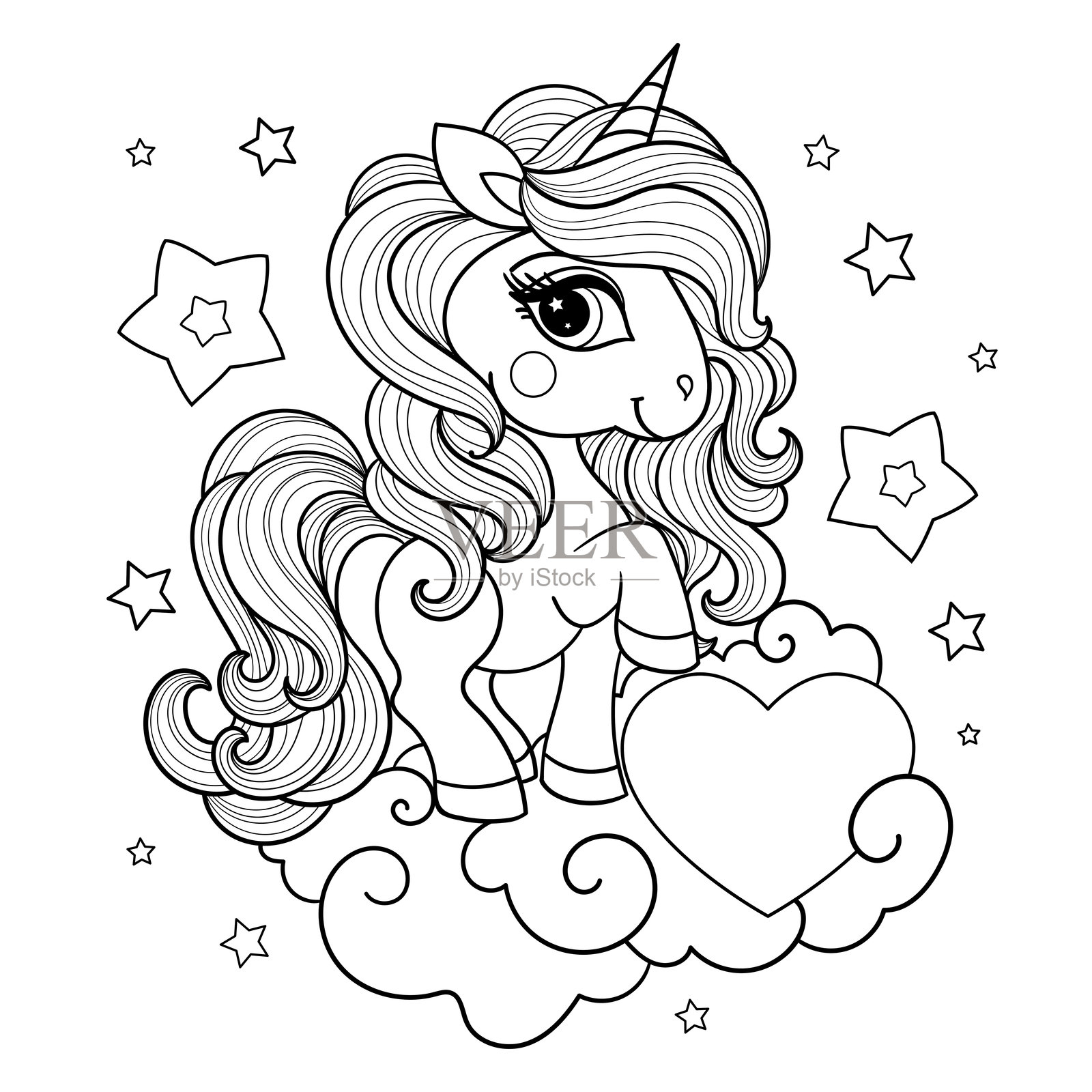 可爱的独角兽与云上的心。黑白线条画。矢量图。插画图片素材