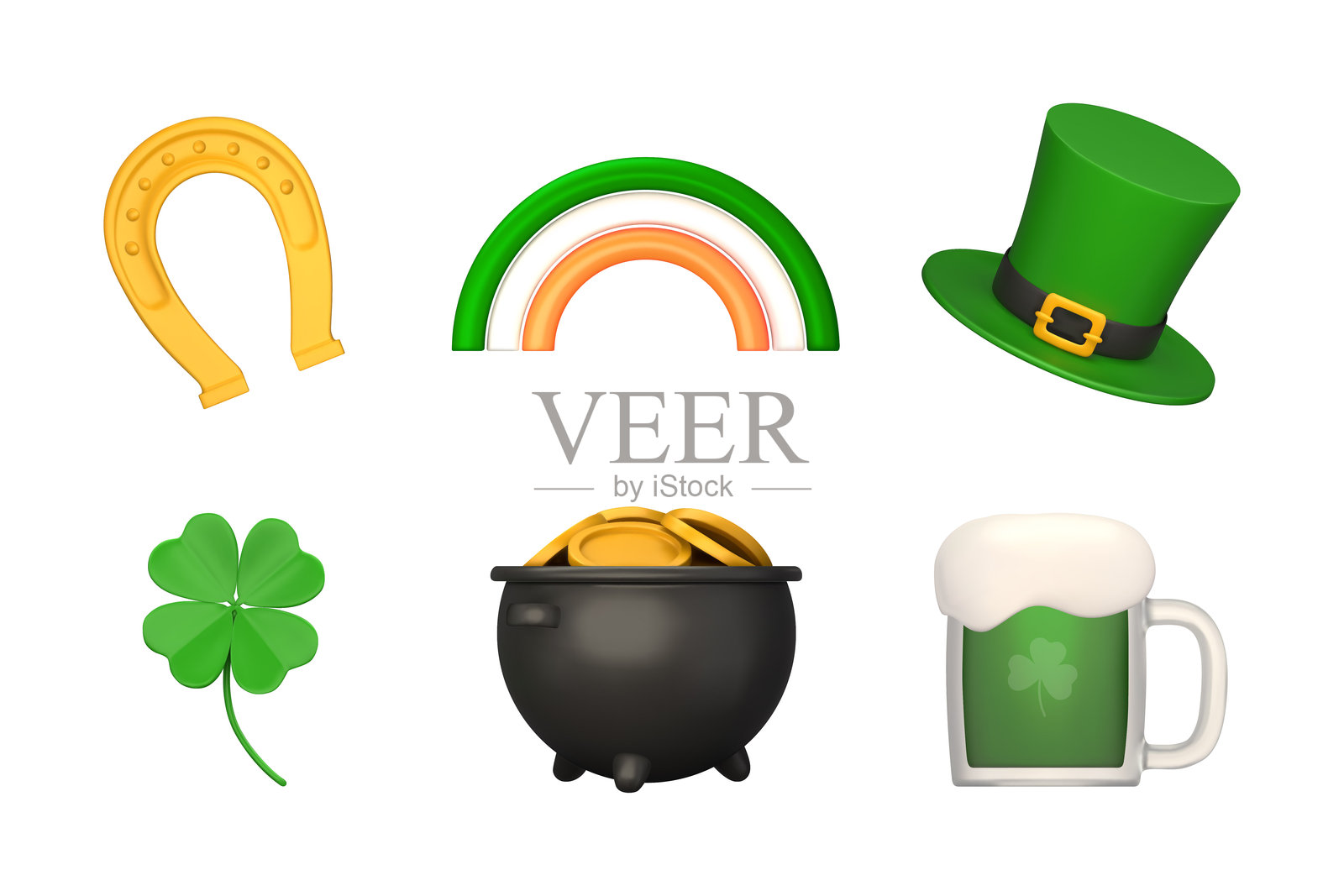 圣帕特里克节装饰元素。3D真实风格的好运符号。三叶草、金钱罐、妖精帽、啤酒、马蹄铁、彩虹。矢量插图。插画图片素材