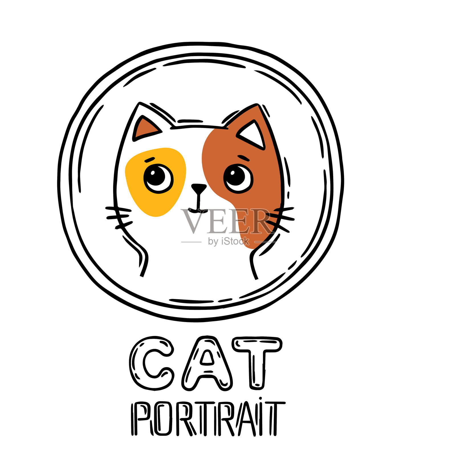 手绘矢量插图猫脸肖像。可爱的儿童涂色插画图片素材