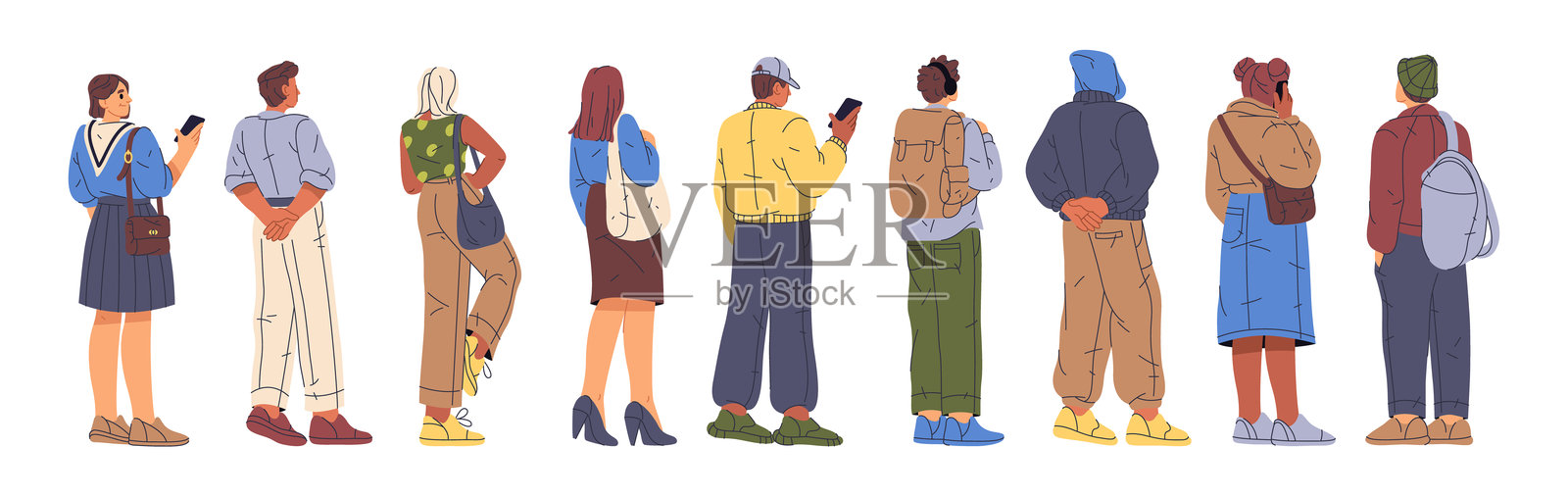 人群，耐心的人物在排队等候。扁平风格的矢量图，孤立角色，排队等待客户服务或入场。游客们在排队准备入场。插画图片素材