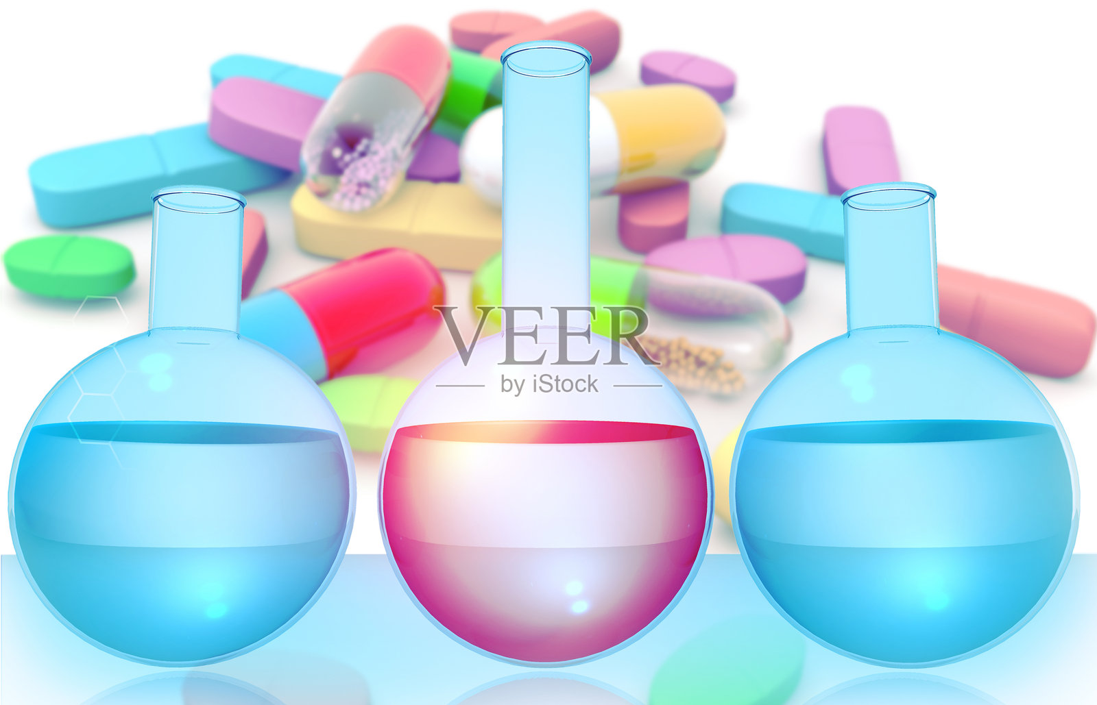 化学烧瓶置于药片背景上照片摄影图片