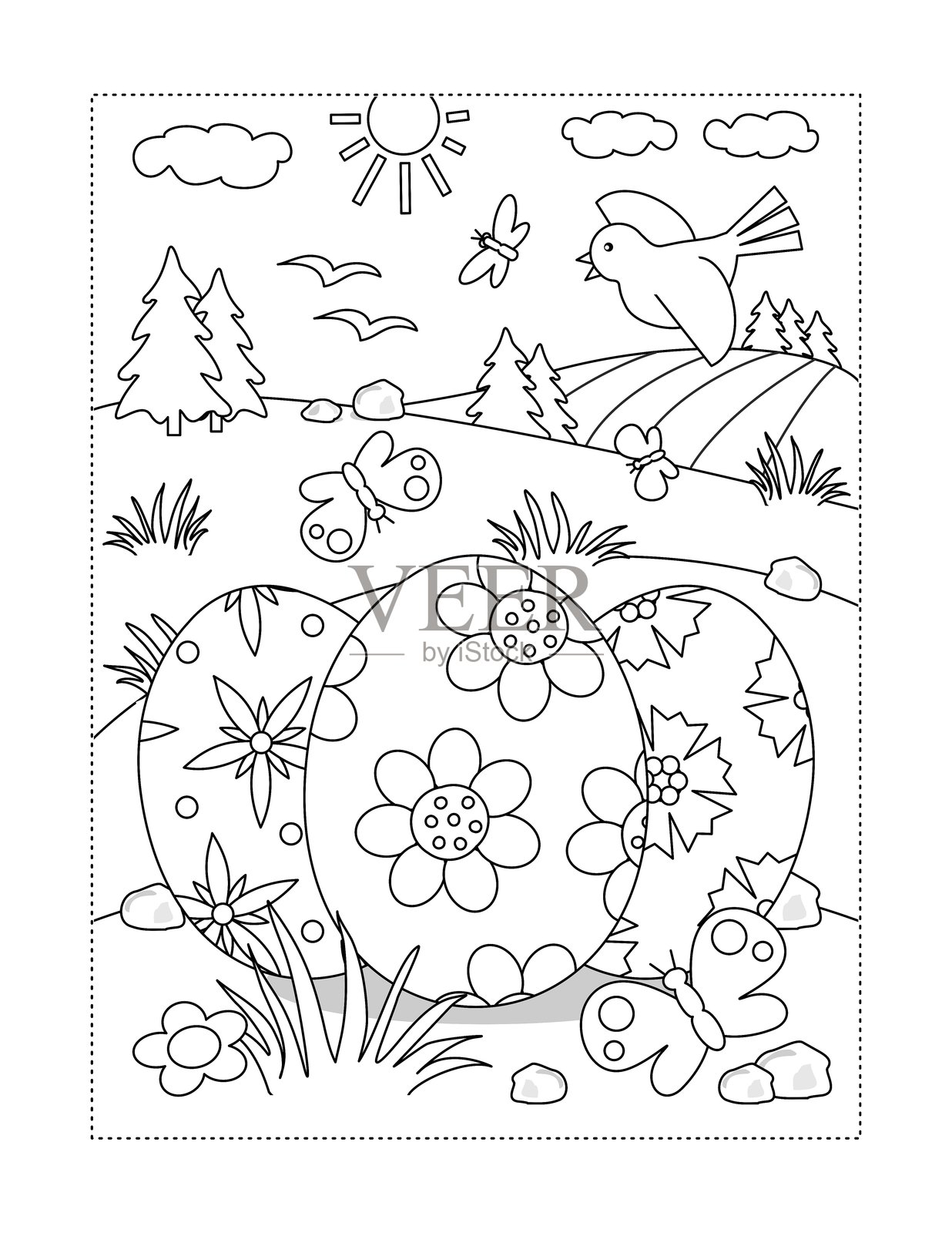 复活节主题的涂色页，背景是乡村场景，包含三个彩绘的鸡蛋插画图片素材