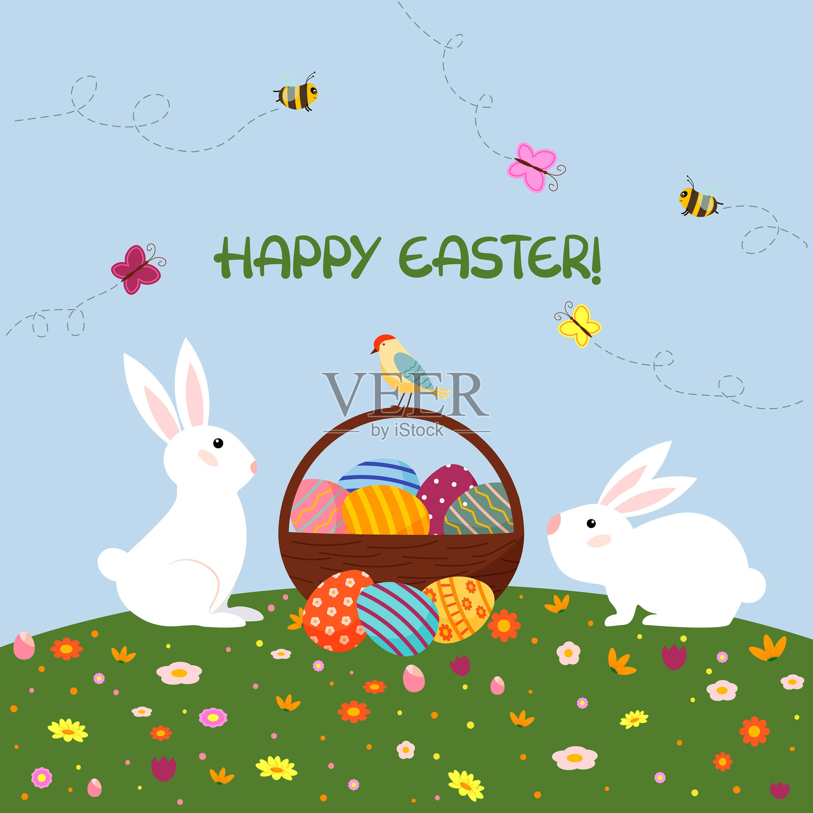 复活节贺卡。兔子站在春天的草地上，旁边有一个装满复活节彩蛋的篮子。蝴蝶和蜜蜂在周围飞舞。插画图片素材