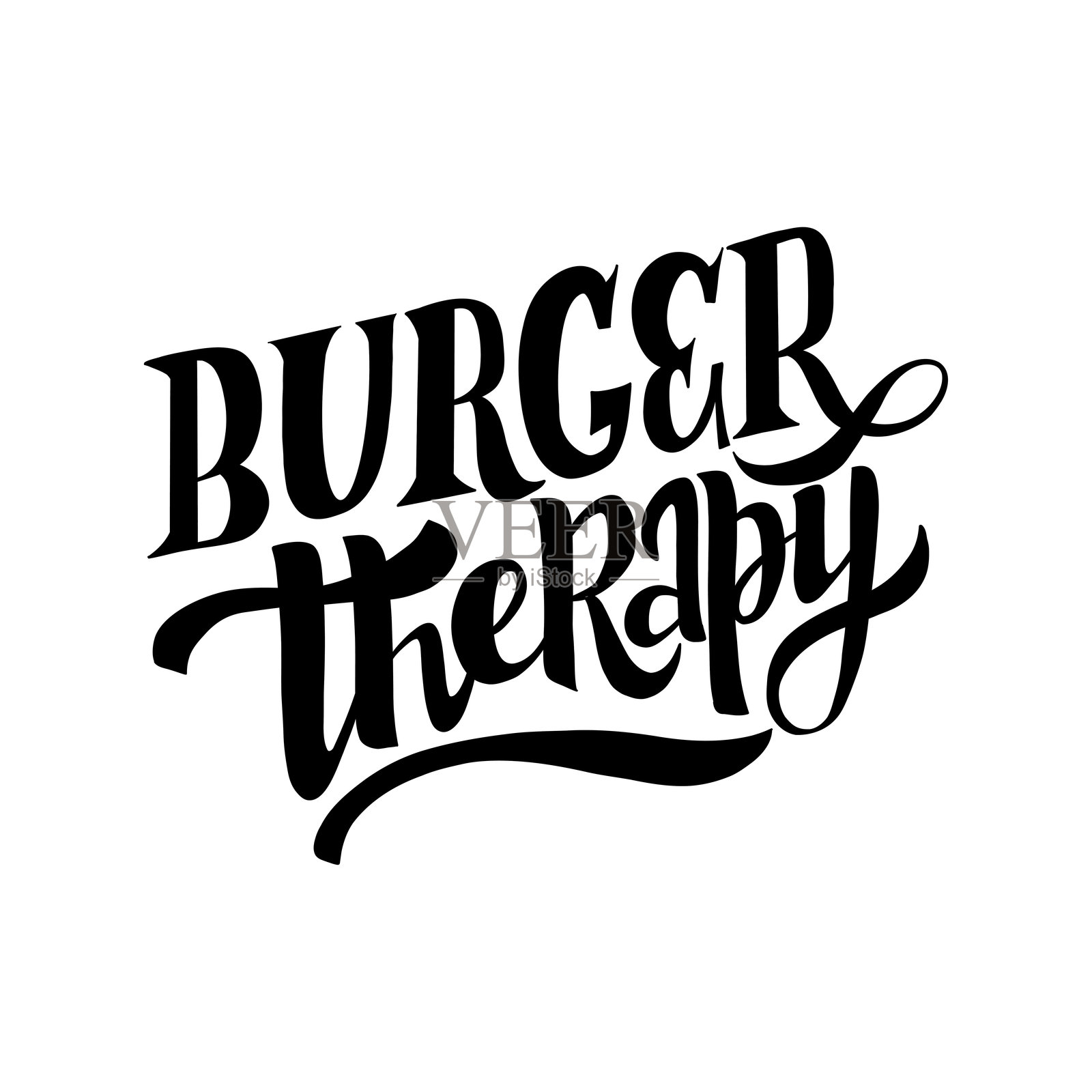 时尚现代的手写短语“汉堡疗法”。非常适合用于制作与食品、餐厅和流行文化相关的T恤设计、海报及其他设计项目。插画图片素材