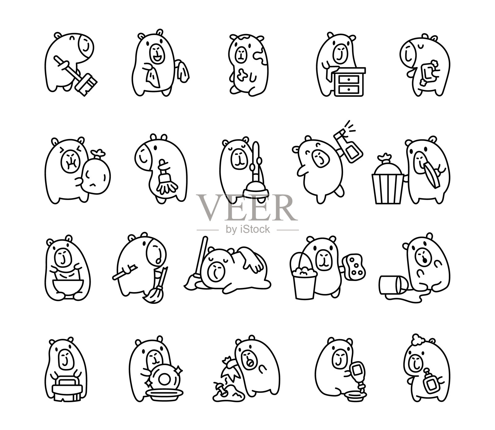 可爱卡通角色的水豚清洁工具套装，展现了它们在各种家务活动中以迷人的细致姿势和搞笑表情进行的有趣任务。插画图片素材