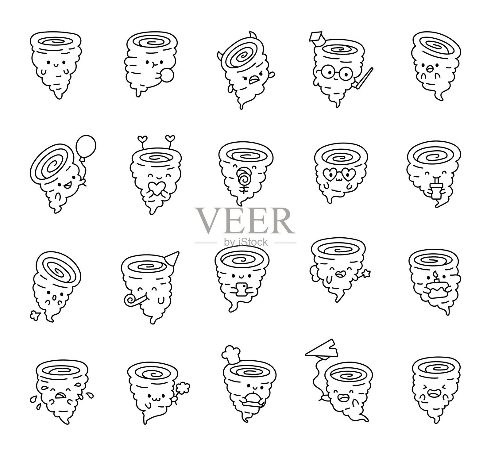 旋转的龙卷风可爱卡通角色组合，展现各种情感，戴着帽子，享受美食，饮用饮料，施展魔法，以及搞笑元素。插画图片素材