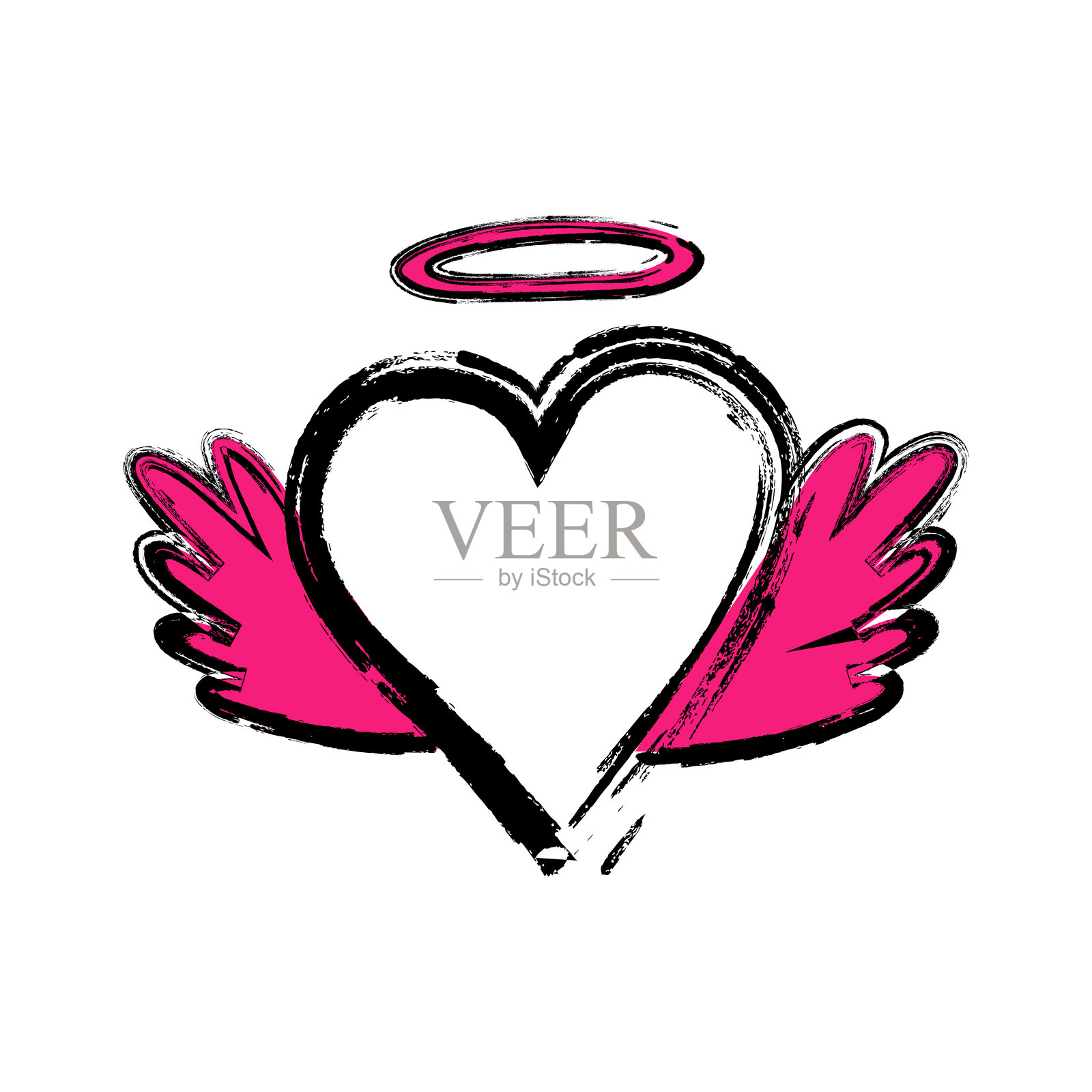 粉色和黑色的情绪心形图标，带有翅膀和光环。节日矢量心形。手绘的粗糙心形爱心符号，独立于白色背景。插画图片素材