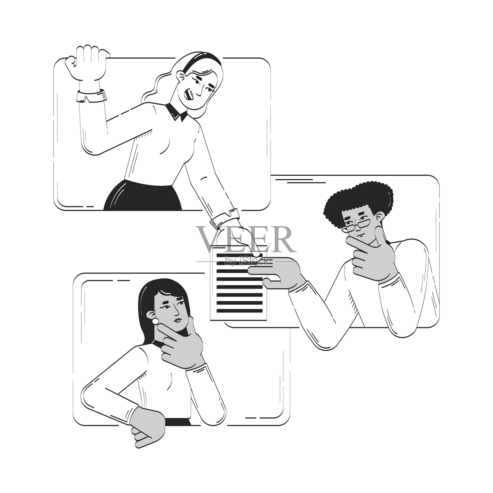 虚拟团队通过在线互动进行协作的涂鸦线条插图概念插画图片素材