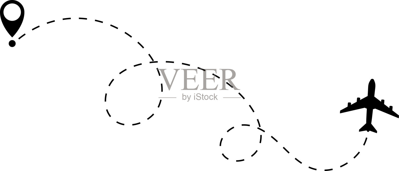 飞机航线路径矢量图标，显示飞机飞行路线的起点和虚线轨迹。热爱旅行的路线。飞机航线。旅行矢量图标。插画图片素材