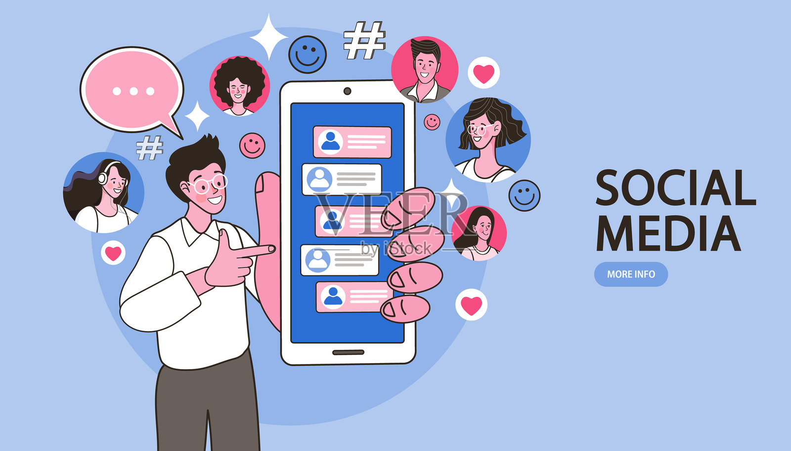 移动社交媒体概念。扁平风格的极简矢量插图。插画图片素材