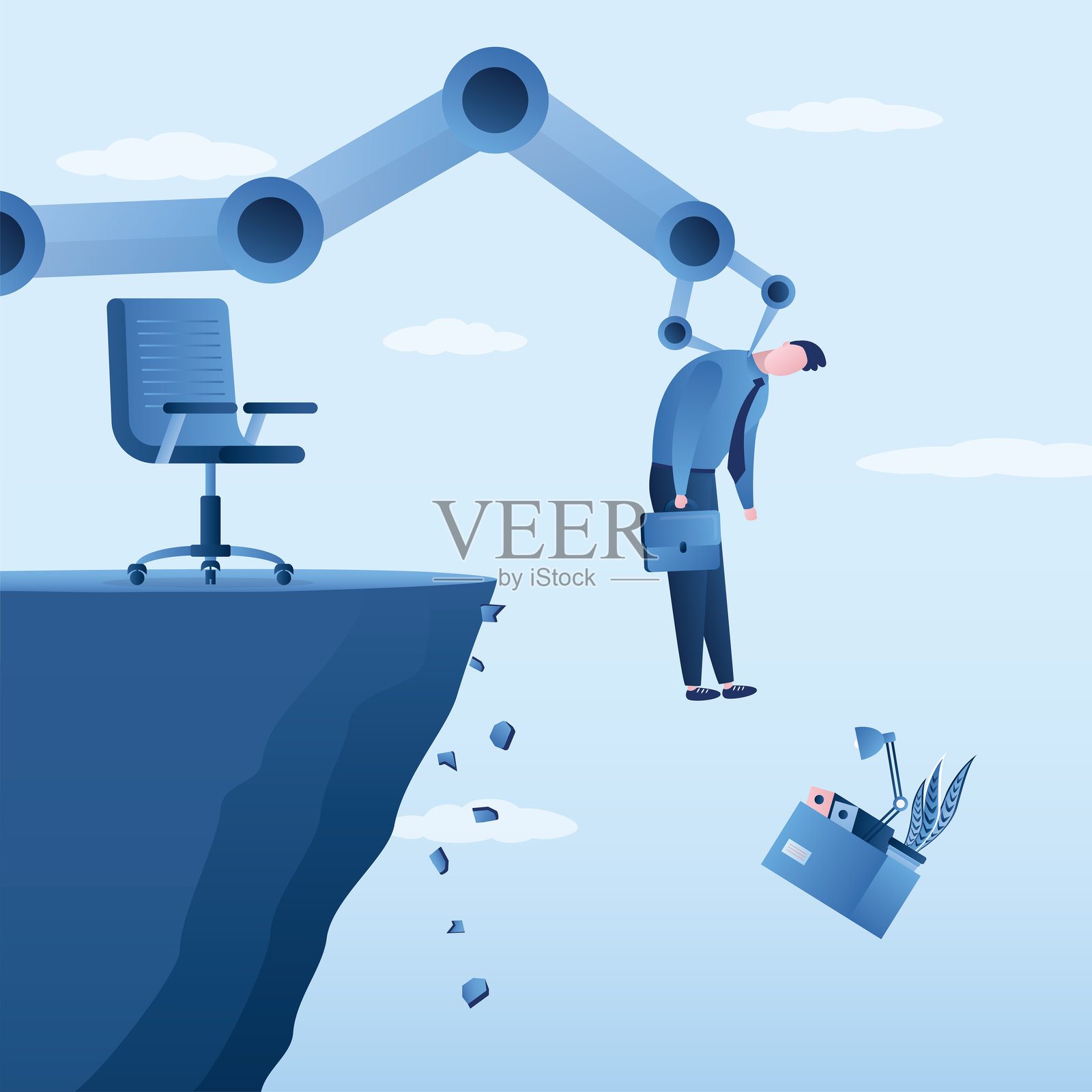 巨型机器人手臂将商人踢下悬崖，人工智能取代了人类劳动。聊天机器人与人工智能已取代人类，经理因机器人技术失业。插画图片素材