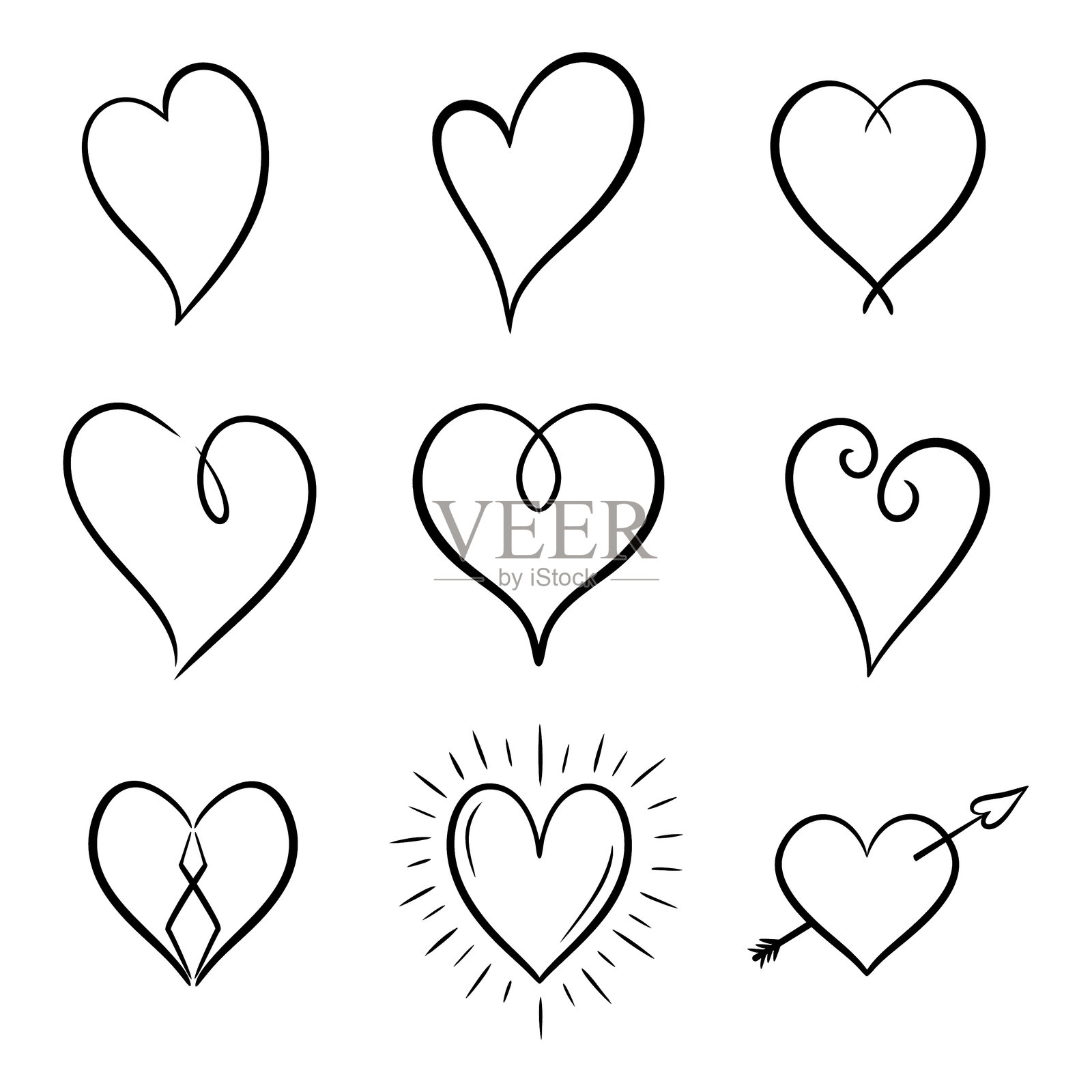 线条艺术风格的矢量心形插图集。图形单色绘图。手绘心形轮廓草图，墨水插图。婚礼邀请、情人节、纹身、标志的设计元素。插画图片素材