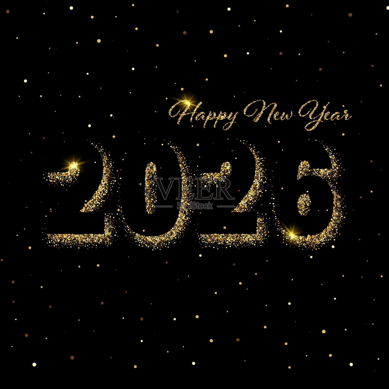 黑色背景上的金色尘埃，2026新年文字在黑色背景上插画图片素材