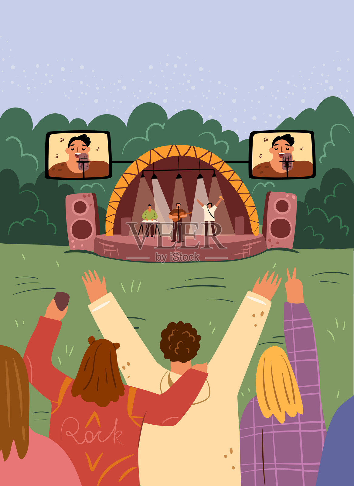 人们在户外音乐节上聆听自己喜欢的乐队。矢量音乐表演，粉丝们的音乐会。舞台上有艺术家和音乐家演奏最佳歌曲和作品。夏日假期与欢乐。插画图片素材