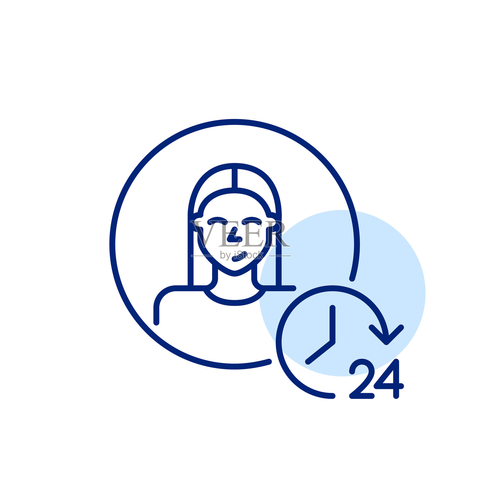 女性用户头像和24小时钟。持续的数字存在，全天候在线支持。像素完美，可编辑的线条图标。插画图片素材
