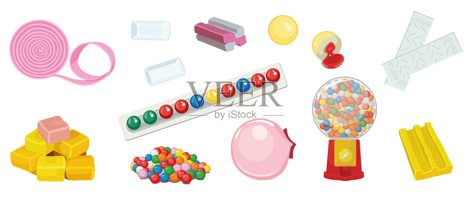 一组色彩缤纷的卡通风格软糖。不同口味的口香糖包装的各种糖果的矢量插图，背景为白色。插画图片素材