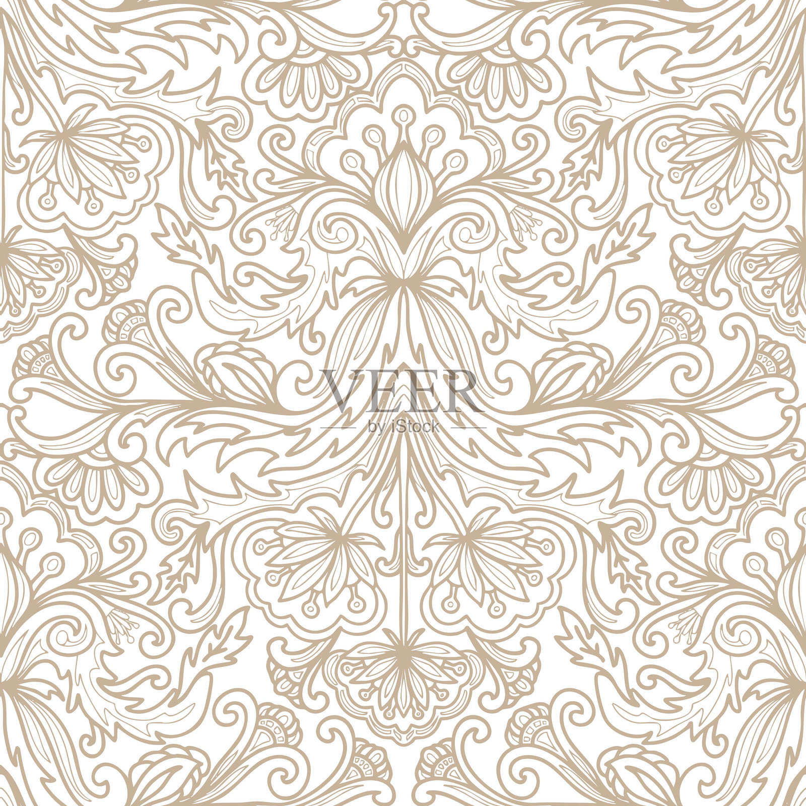 大马士革风格图案，佩斯利花卉图案，白色和米色。无缝花卉图案-622。插画图片素材