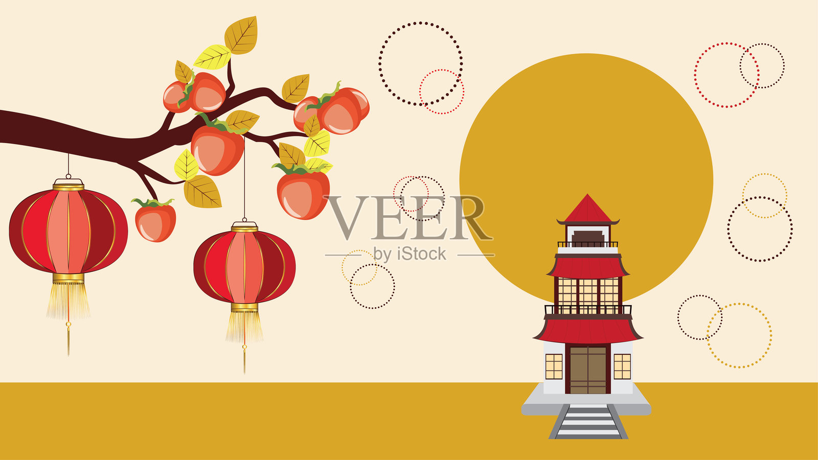 带灯笼的柿子树枝插画图片素材